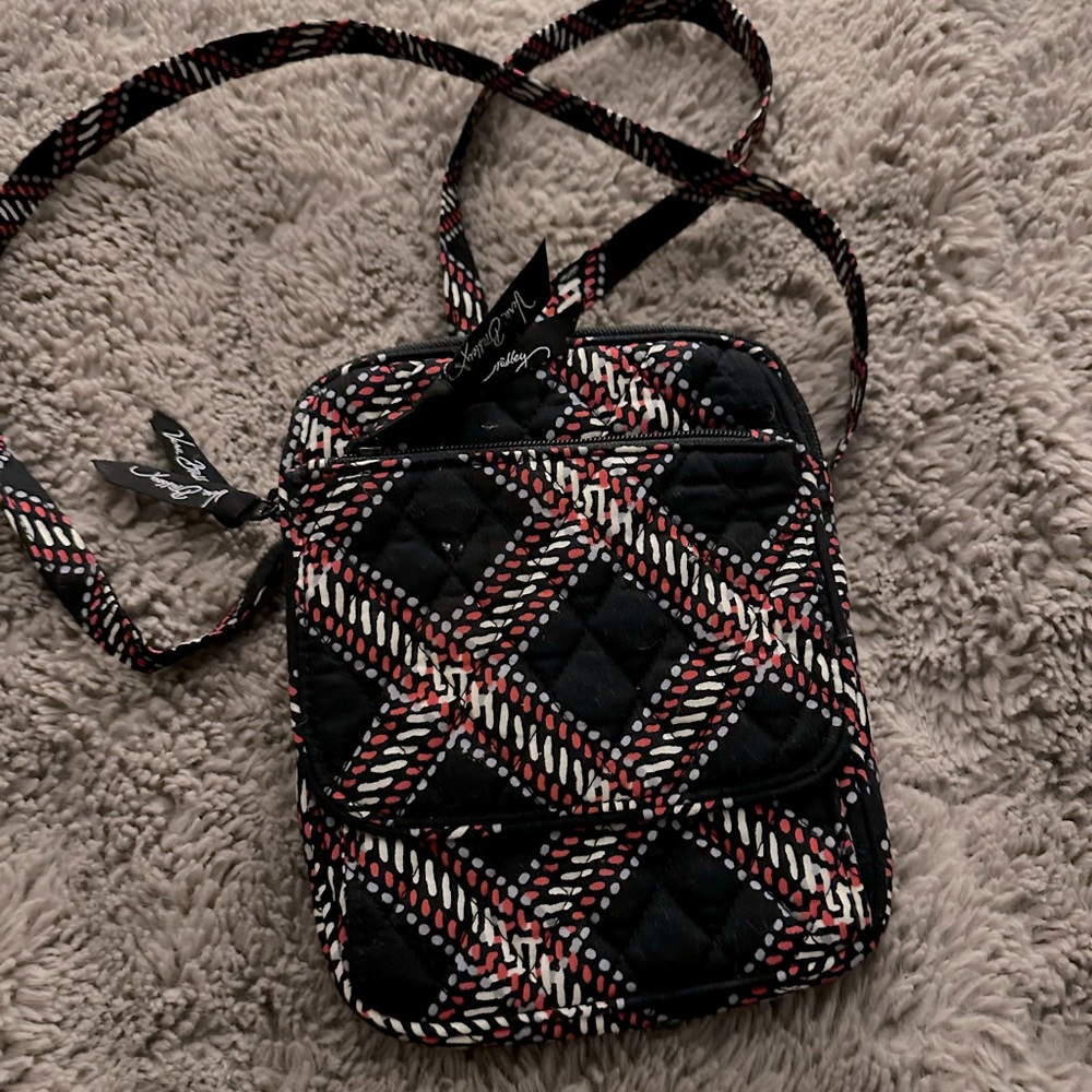 Vera Bradley Black Crossbody with Red and Cream Plaid Pattern